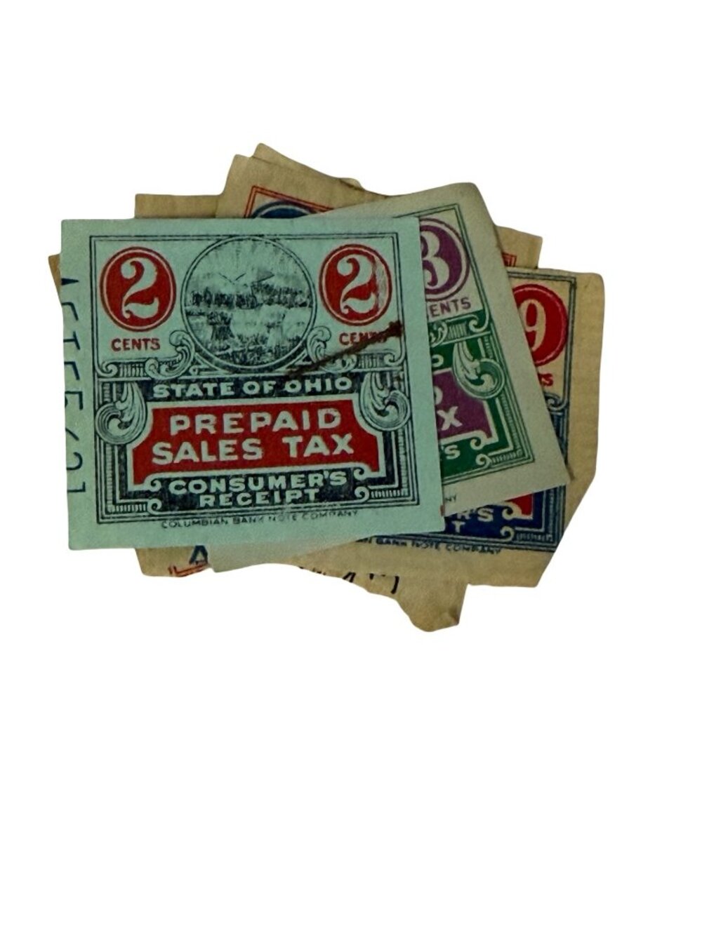Vintage 1930s Ohio Prepaid Sales Tax Consumer Receipts Stapled Lot 2¢ 3¢ 9¢ 30¢
